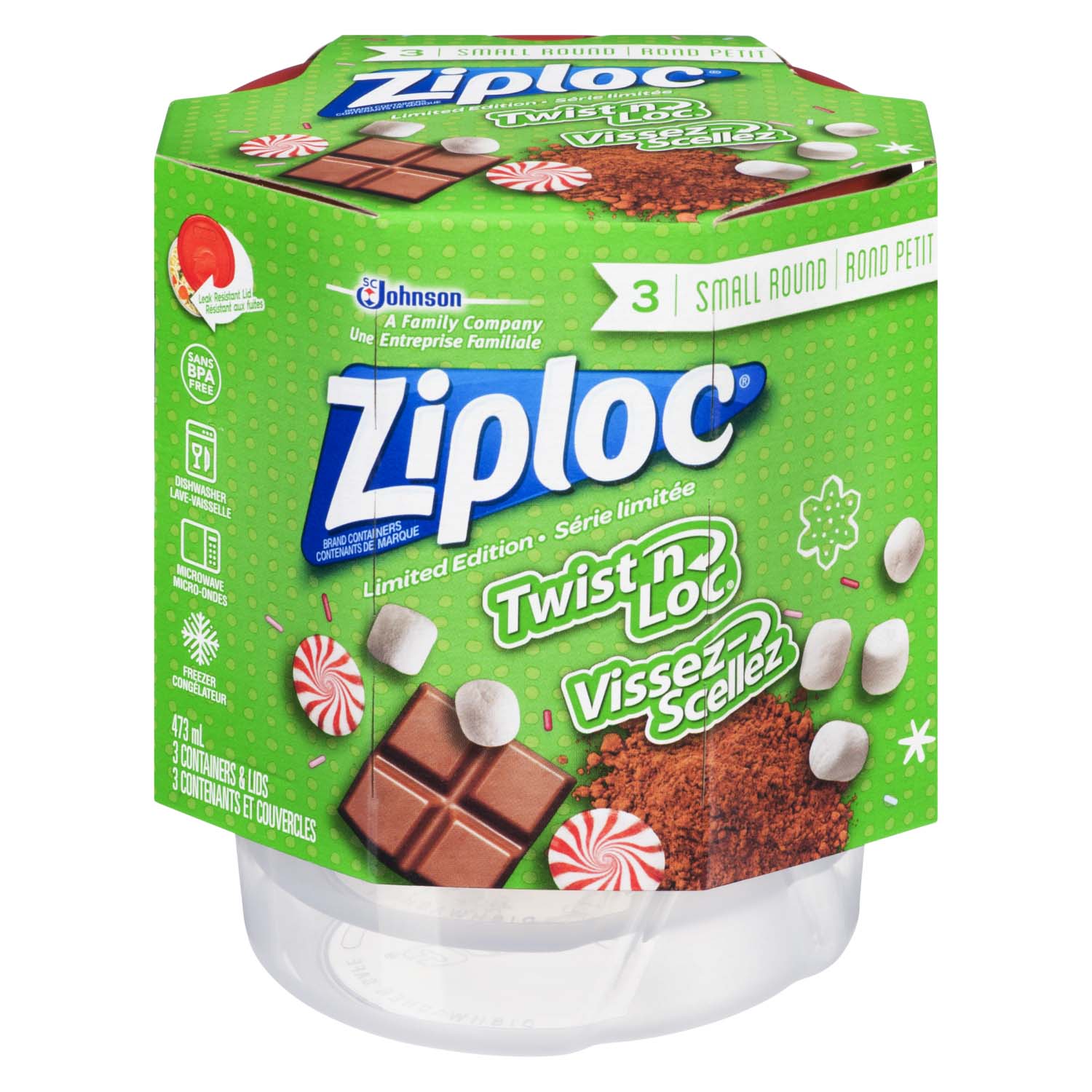 Ziploc Container & Lids, Medium, Round 3 ea